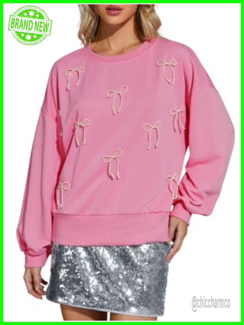 Pearl Bow Sweatshirt Crewneck Pullover Long Sleeve Loose Fit Women